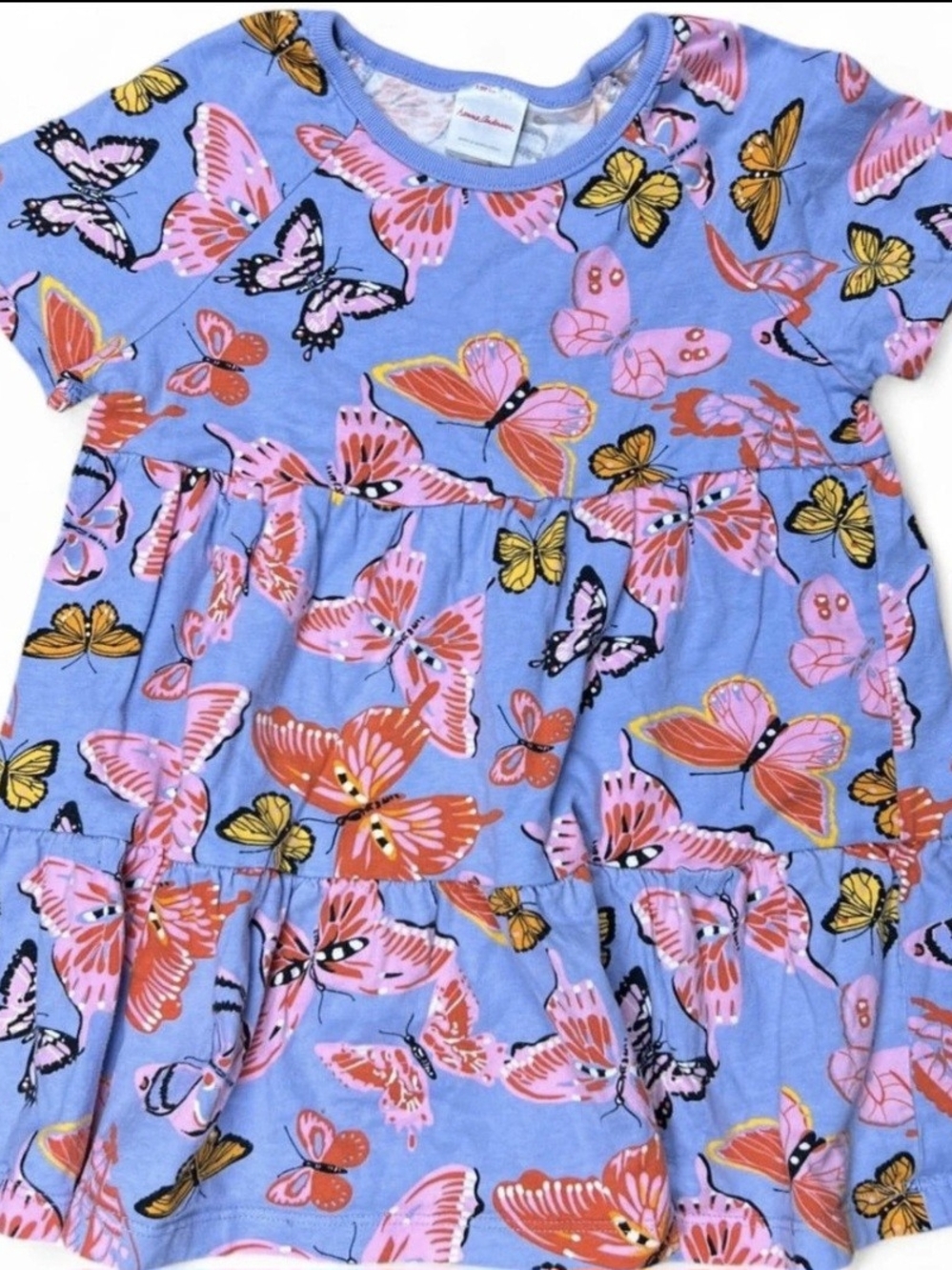 Hanna Andersson Blue Tiered Mixie Dress with Pink & Yellow Butterflies